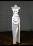 White Mermaid Satin Strapless Pleats Wedding Dress SD1527