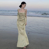 Mermaid Spaghetti Straps Satin Night Party Dress Sage Green Long Prom Dresses SD1536