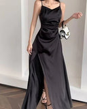 Straps Black A Line Satin Long Prom Dresses With Slit SD1539
