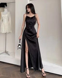Straps Black A Line Satin Long Prom Dresses With Slit SD1539