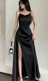 Straps Black A Line Satin Long Prom Dresses With Slit SD1539