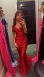 Spaghetti Strap V-neck Sleeveless Mermaid Satin Long Prom Dresses With Trailing For Party SD1541