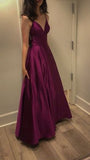 Spaghetti Straps V-neck Sleeveless A Line Grape Satin Long Prom Dresses SD1542