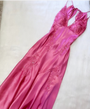 Mermaid Spaghetti Straps Pink Satin Backless Long Evening Dress Prom Dresses HZ0628