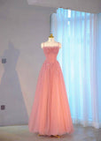A line Straps Pink Tulle Long Party Dress Prom Dresses SD1553