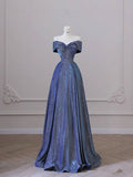 A Line Off The Shoulder Sequin Blue Long Evening Dress Prom Dresses SD1555