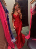 Sexy Spaghetti Strap V-neck Sleeveless Mermaid Satin Long Prom Dresses With Trailing For Party SD1563