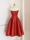 A line Strapless Rust Red Vacation Dress Satin Women Dresses SD156