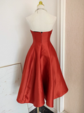A line Strapless Rust Red Vacation Dress Satin Women Dresses SD156
