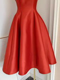 A line Strapless Rust Red Vacation Dress Satin Women Dresses SD156