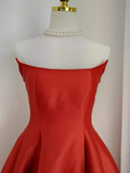 A line Strapless Rust Red Vacation Dress Satin Women Dresses SD156
