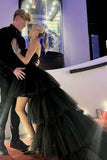 High Low Strapless Black Tulle Long Evening Dress Prom Dresses SD1578