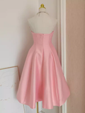 A line Strapless Pink Vacation Dress Satin Women Dresses SD157