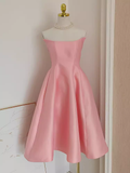A line Strapless Pink Vacation Dress Satin Women Dresses SD157