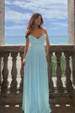 Sleeveless Chiffon Blue A-line Long Evening Prom Dresses SD1585