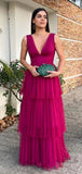 V-neck Sleeveless A-line Tulle Ruffles Evening Prom Dresses SD1593