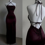 Mermaid Halter Floor Length Burgundy Backless Evening Dress Prom Dresses SD1595