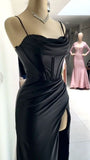Mermaid Spaghetti Straps Black Long Evening Dress Backless Prom Dresses SD1606