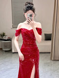 Mermaid Sweetheart Red Off The Shoulder Sequin Slit Floor Length Evening Dress Prom Dresses SD1609