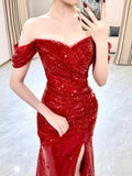 Mermaid Sweetheart Red Off The Shoulder Sequin Slit Floor Length Evening Dress Prom Dresses SD1609