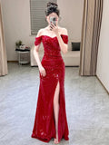 Mermaid Sweetheart Red Off The Shoulder Sequin Slit Floor Length Evening Dress Prom Dresses SD1609