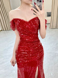 Mermaid Sweetheart Red Off The Shoulder Sequin Slit Floor Length Evening Dress Prom Dresses SD1609