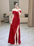 Mermaid Sweetheart Red Off The Shoulder Sequin Slit Floor Length Evening Dress Prom Dresses SD1609