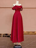 A Line Off The Shoulder Red Satin Floor Length Evening Dress Prom Dresses SD1610