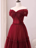 A Line Off The Shoulder Burgundy Tulle Floor Length Evening Dress Prom Dresses SD1612