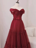 A Line Off The Shoulder Burgundy Tulle Floor Length Evening Dress Prom Dresses SD1612