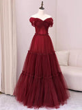 A Line Off The Shoulder Burgundy Tulle Floor Length Evening Dress Prom Dresses SD1612