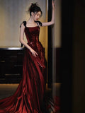 Mermaid Spaghetti Straps Burgundy Floor Length Evening Dress Prom Dresses SD1613
