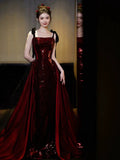 Mermaid Spaghetti Straps Burgundy Floor Length Evening Dress Prom Dresses SD1613