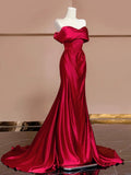 Mermaid Off The Shoulder Satin Red Floor Length Evening Dress Prom Dresses SD1614