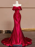 Mermaid Off The Shoulder Satin Red Floor Length Evening Dress Prom Dresses SD1614