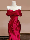 Mermaid Off The Shoulder Satin Red Floor Length Evening Dress Prom Dresses SD1614