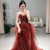 Mermaid Sweetheart Burgundy Floor Length Evening Dress Sequin Prom Dresses SD1616