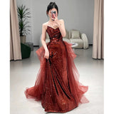 Mermaid Sweetheart Burgundy Floor Length Evening Dress Sequin Prom Dresses SD1616