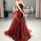 Mermaid Sweetheart Burgundy Floor Length Evening Dress Sequin Prom Dresses SD1616