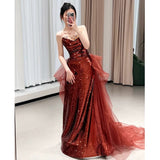 Mermaid Sweetheart Burgundy Floor Length Evening Dress Sequin Prom Dresses SD1616