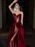 Mermaid Sweetheart Burgundy Floor Length Evening Dress Sequin Prom Dresses SD1617
