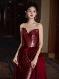 Mermaid Sweetheart Burgundy Floor Length Evening Dress Sequin Prom Dresses SD1617