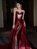 Mermaid Sweetheart Burgundy Floor Length Evening Dress Sequin Prom Dresses SD1617