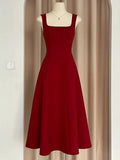 A Line Square Neckline Red Satin Ankle Length Evening Dress Prom Dresses SD1618
