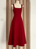 A Line Square Neckline Red Satin Ankle Length Evening Dress Prom Dresses SD1618