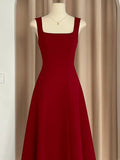 A Line Square Neckline Red Satin Ankle Length Evening Dress Prom Dresses SD1618
