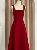 A Line Square Neckline Red Satin Ankle Length Evening Dress Prom Dresses SD1618