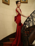 Mermaid Backless Red Floor Length Evening Dress Satin Prom Dresses SD1620