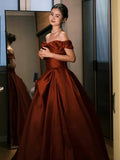 Ball Gown Off The Shoulder Satin Rust Red Floor Length Evening Dress Prom Dresses SD1622
