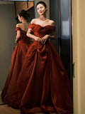 Ball Gown Off The Shoulder Satin Rust Red Floor Length Evening Dress Prom Dresses SD1622